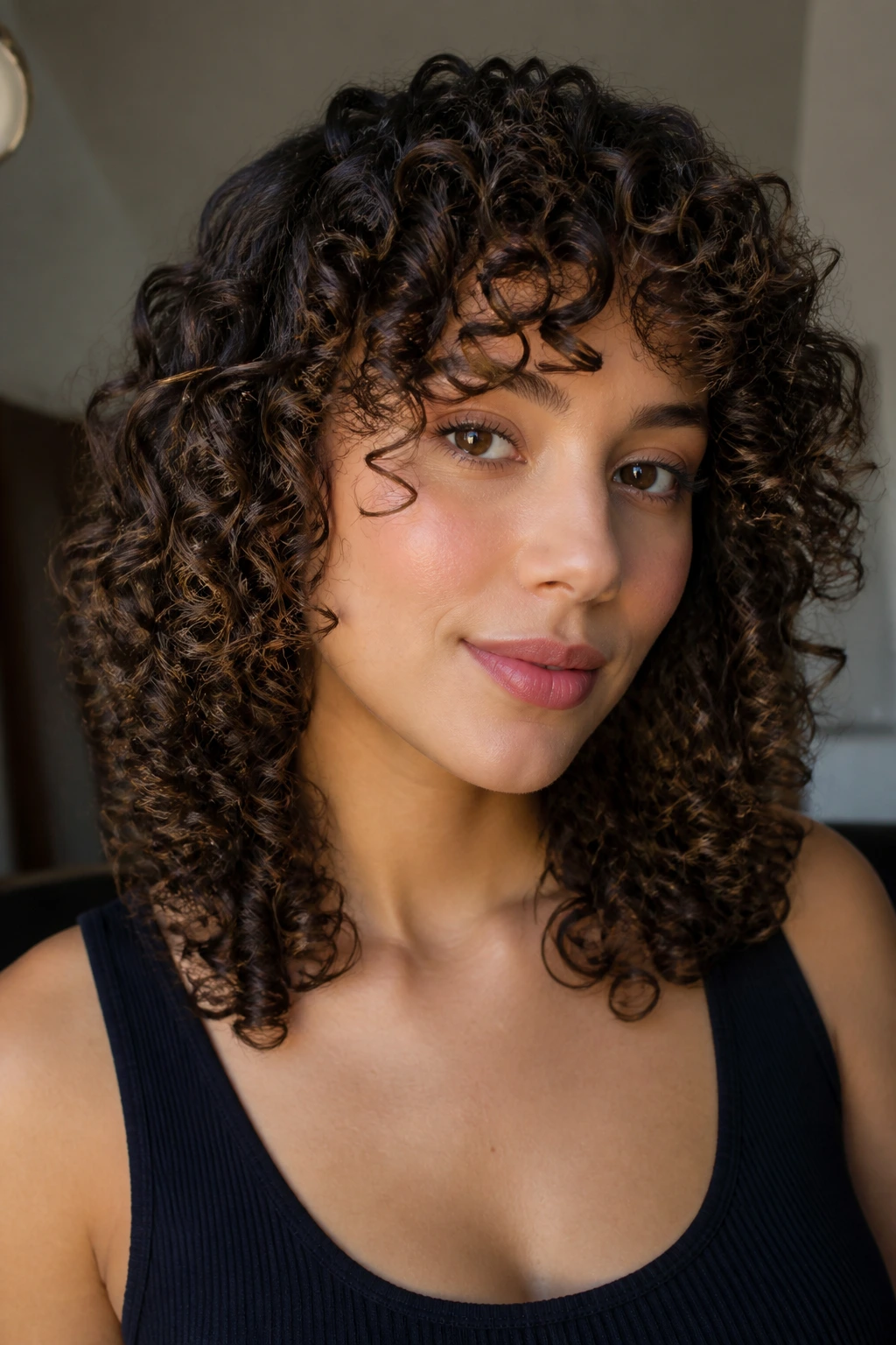 Close-up of a real person with defined ringlets and layered curls