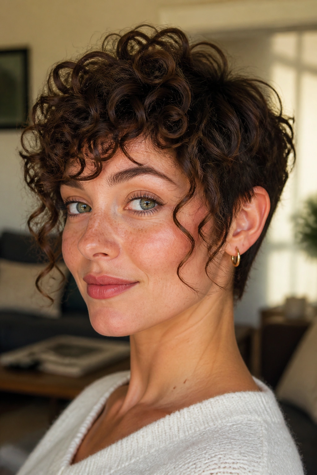 Close-up of a real woman with cheekbone-length ringlet curls framing her face