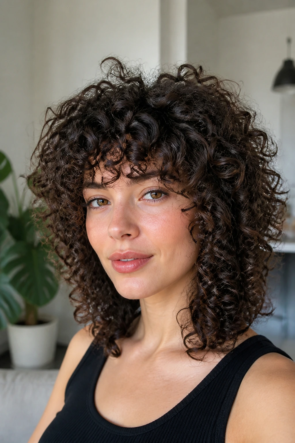 Close-up of a real woman with tight ringlet shag curls and elevated crown volume.