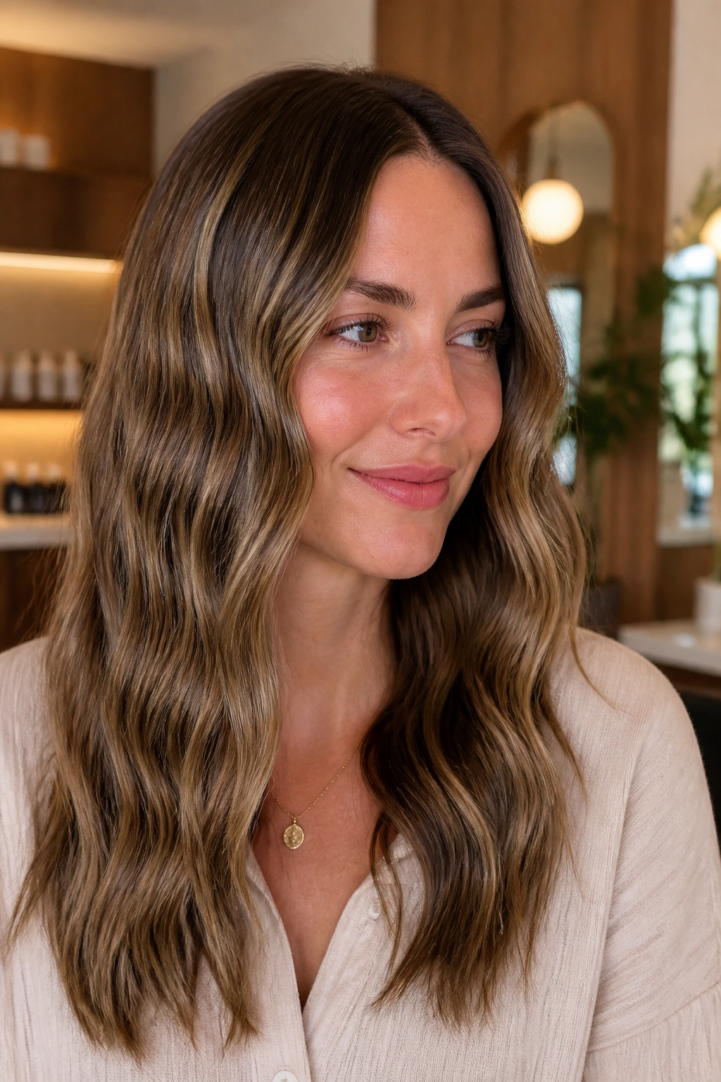 Portrait of a real woman with narrow-texture ripple waves in warm interior light