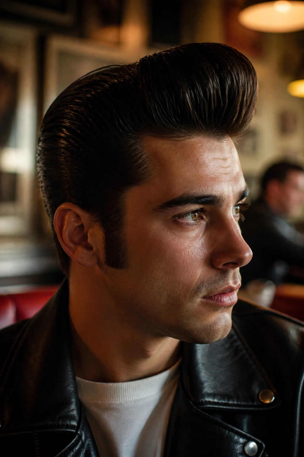 Man with rockabilly pompadour in retro setting