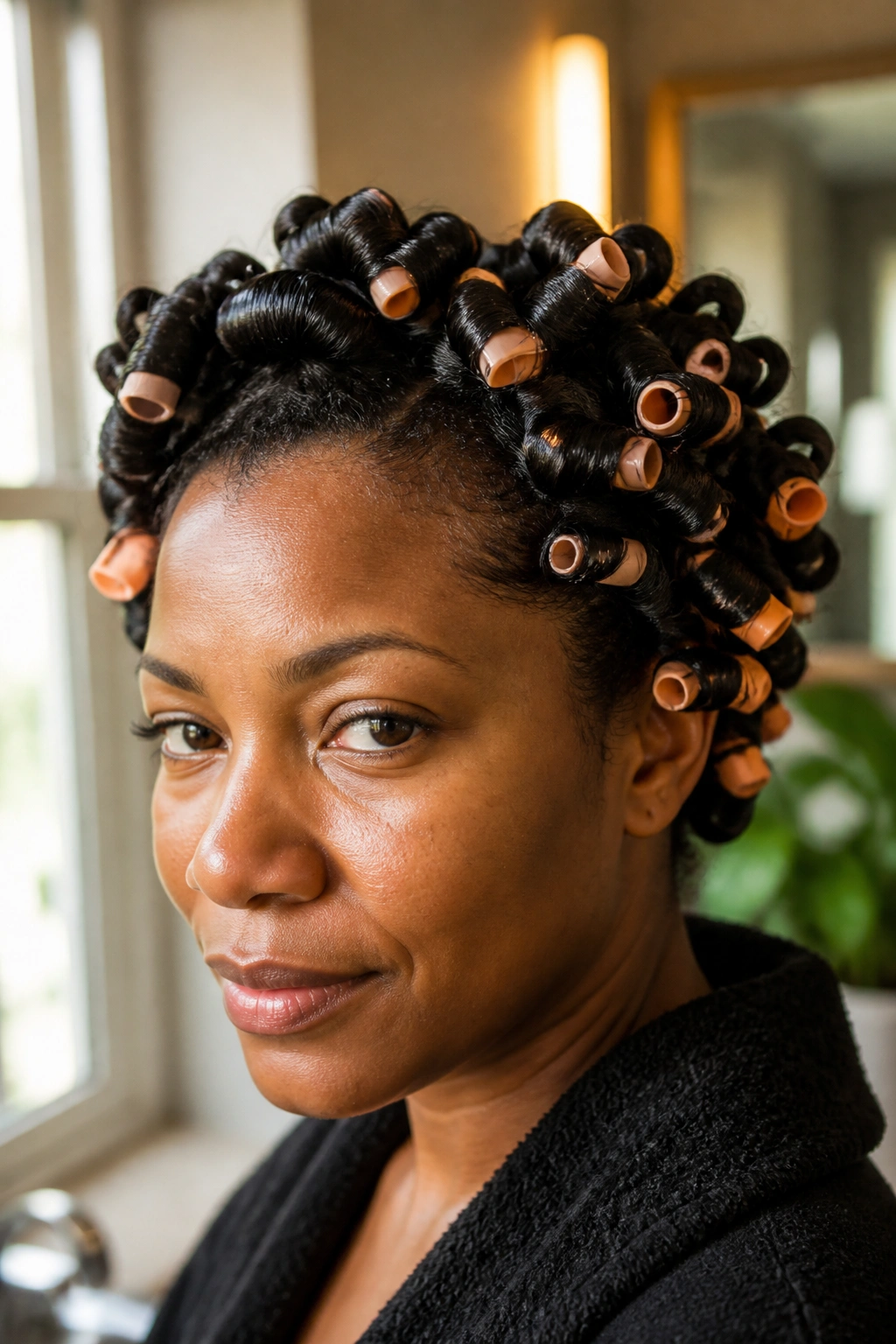 Close-up of rod-set curls on short 4C hair on a real person