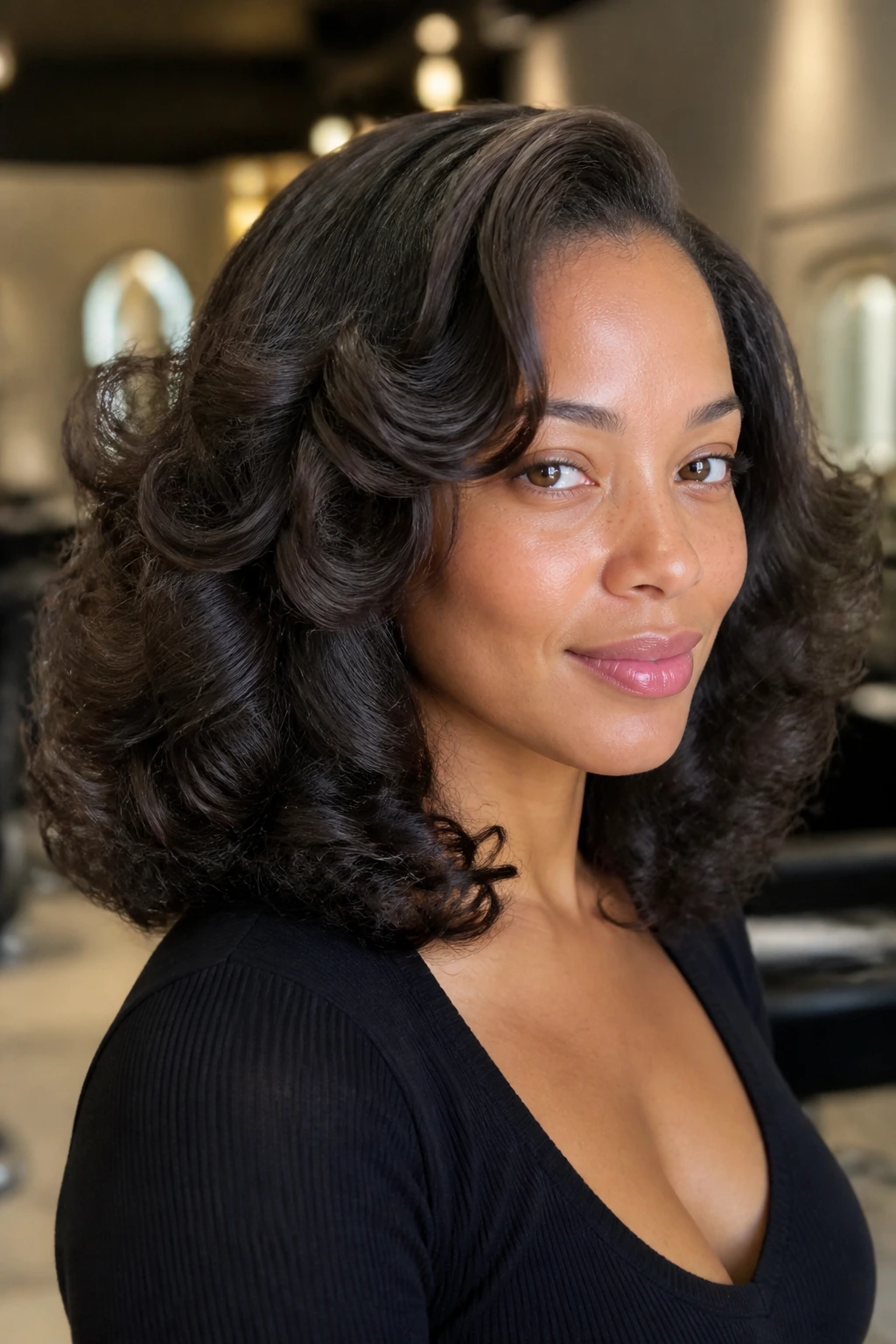 Close-up of a real woman with rod-set curls brushed-out ends