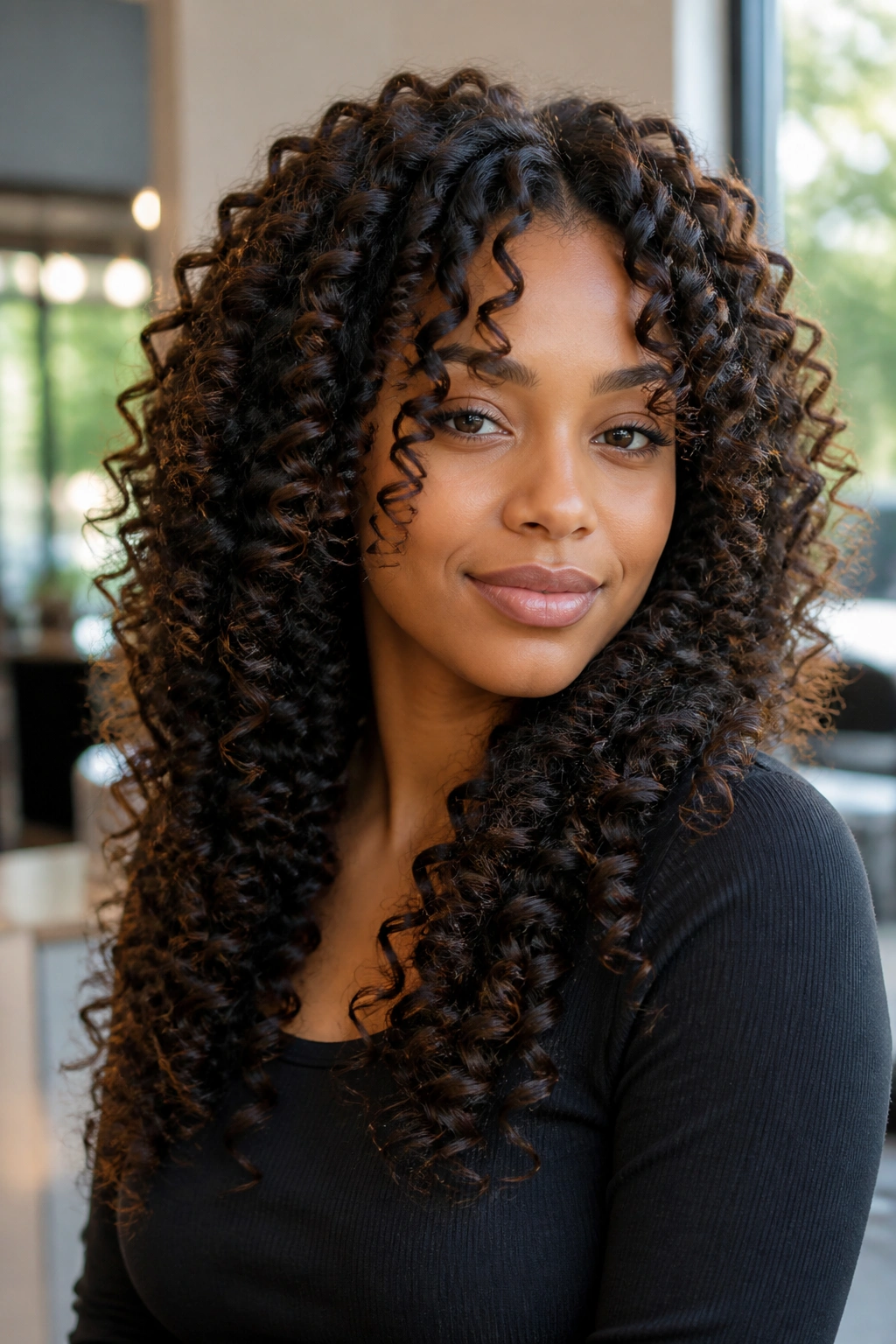 Woman with rod-set ringlets and blended layers in a flattering hairstyle