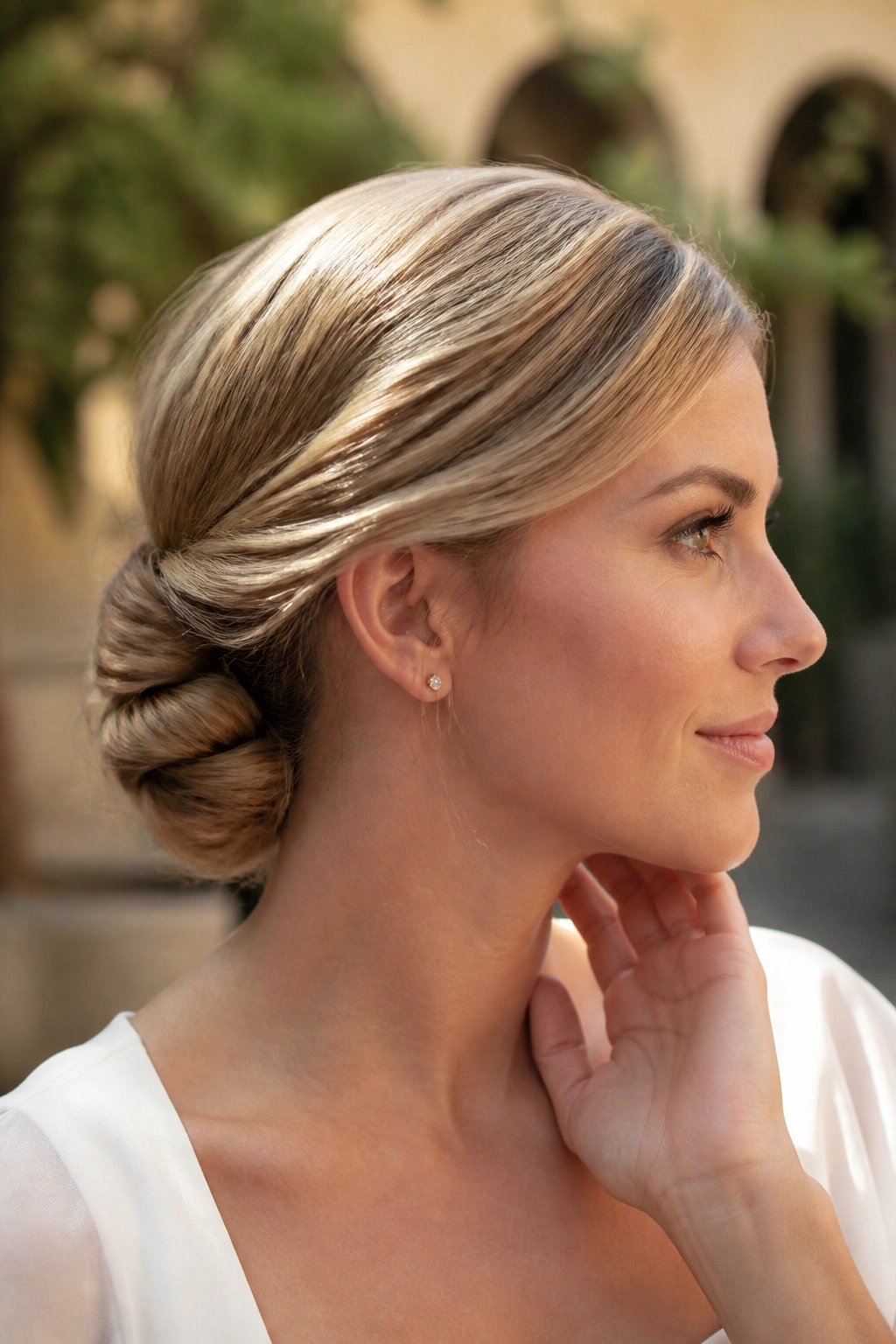 Close-up of a woman with rolled chignon and invisible pins at the nape