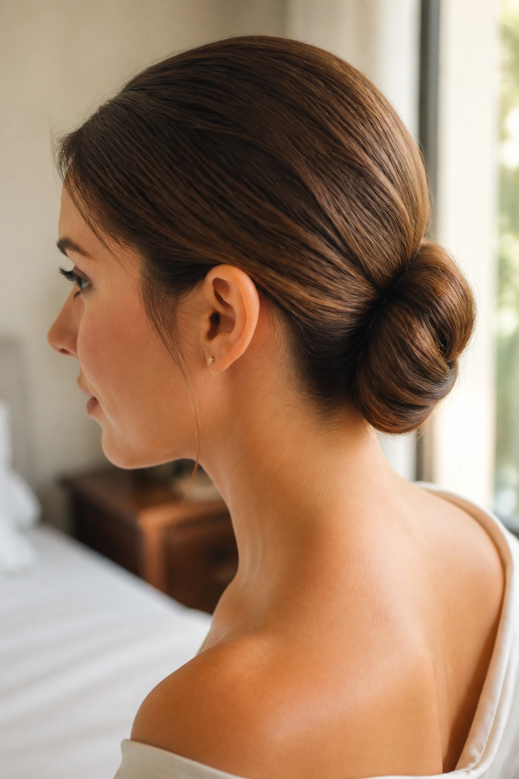 Close-up profile of a real person with rolled chignon at the nape.