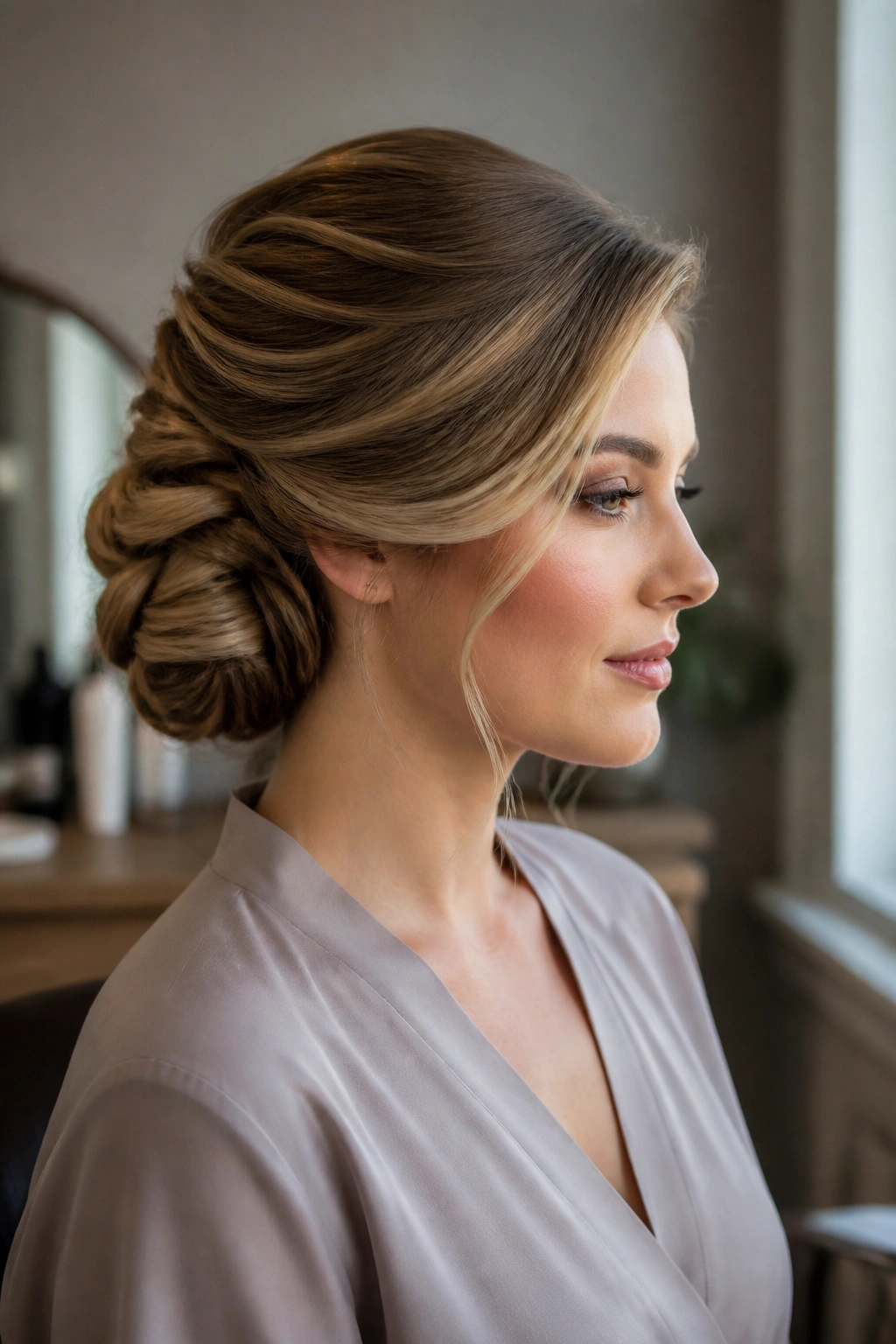 Side portrait of a woman with a rolled diagonal chignon off-center