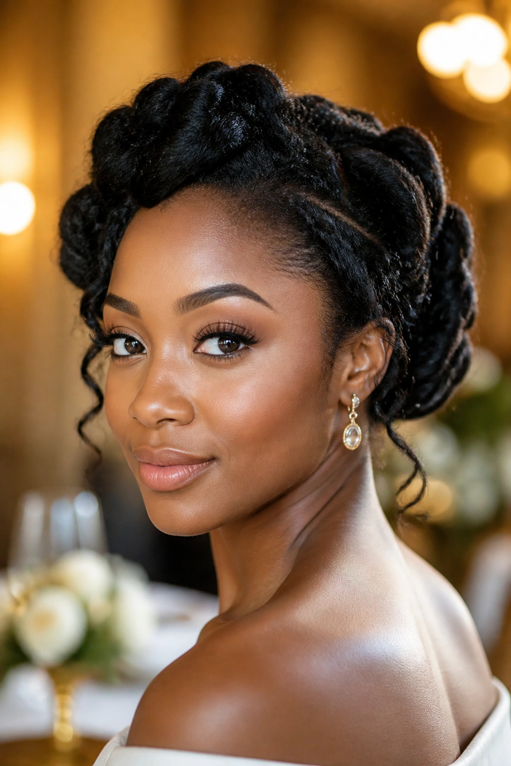 Real woman with rolled updo and soft ends peeking out.