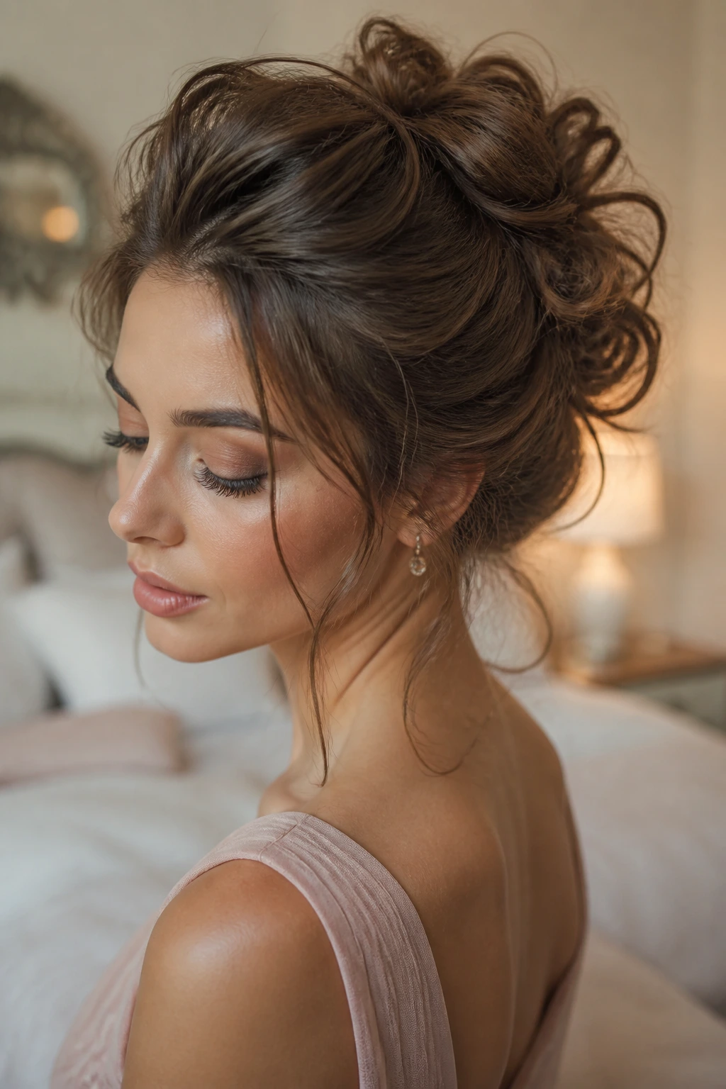 Close-up of a real woman with a romantic messy bun in soft light.