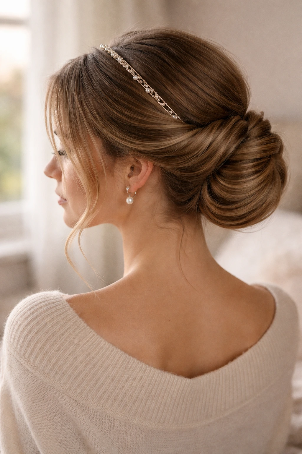 Real person with a romantic rolled updo and headband