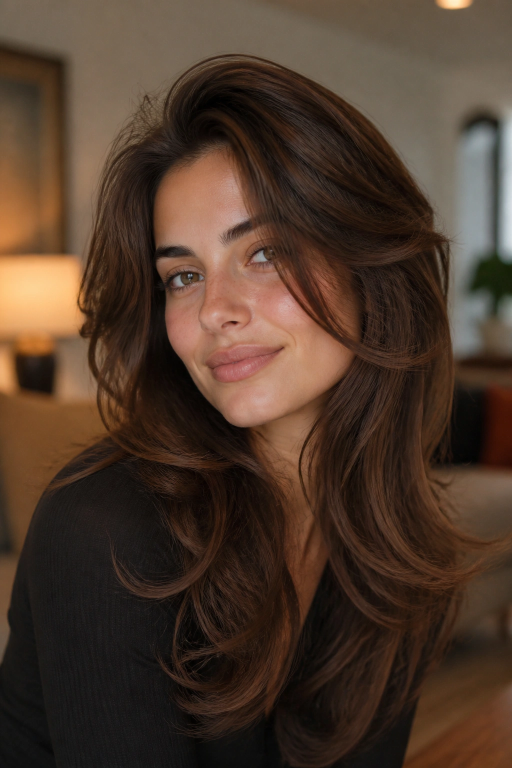 Close-up of a real person with swoopy, soft layers in a romantic shag.