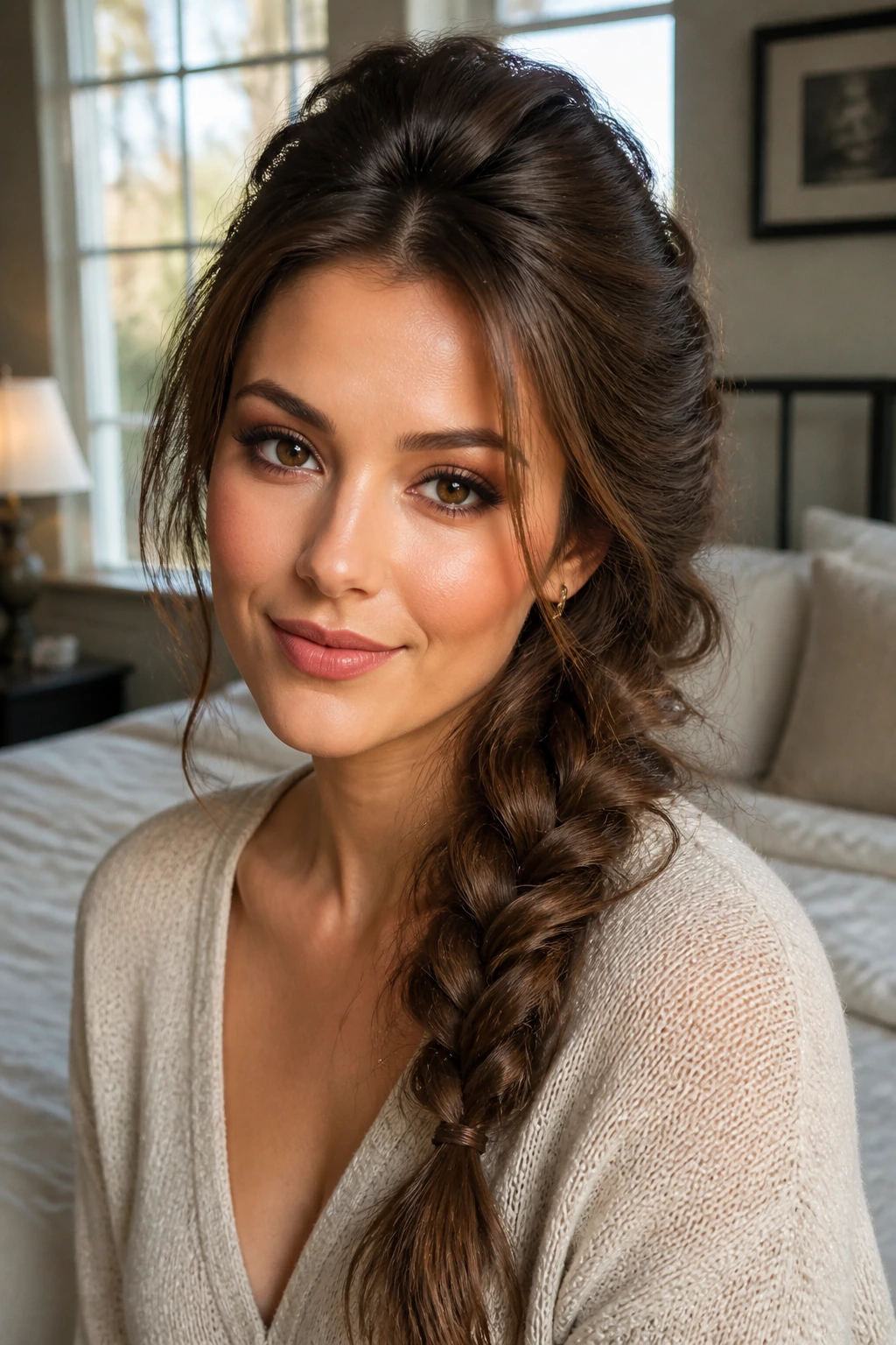 Close-up of a real woman with a romantic side braid and crown lift by the temple.