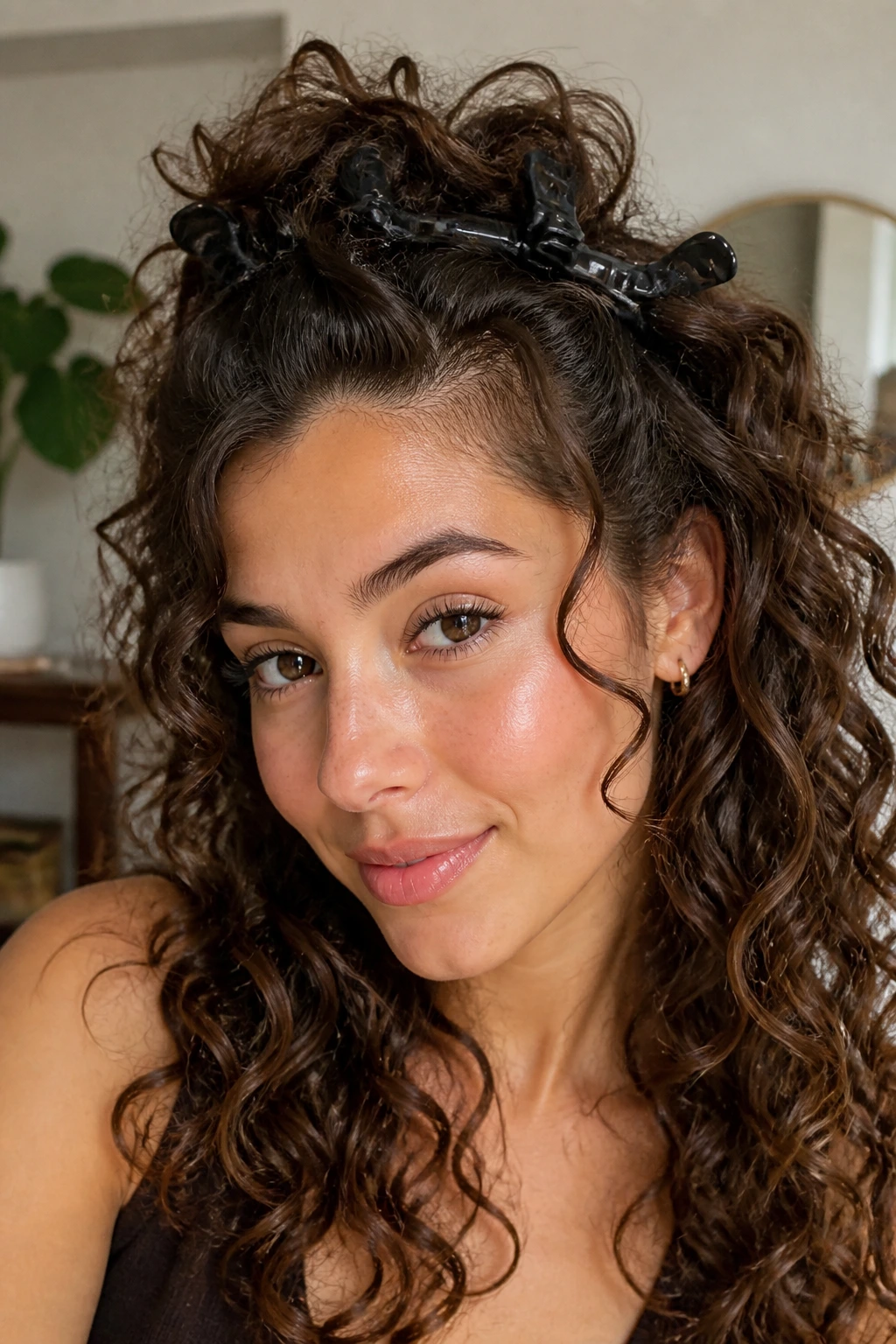 Woman with root-clipped diffused curls and clips at the crown.