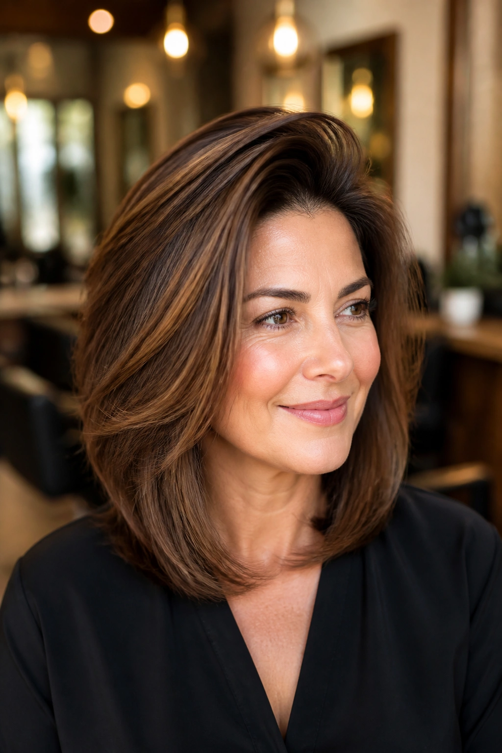 Close-up of a real woman with a root-lift blowout hairstyle in a salon setting.