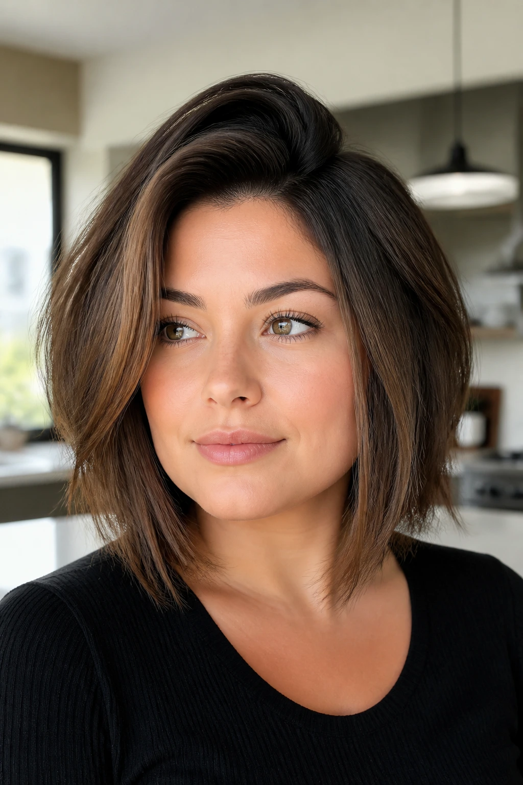 Close-up portrait of a real woman with root-lift blowout long bob
