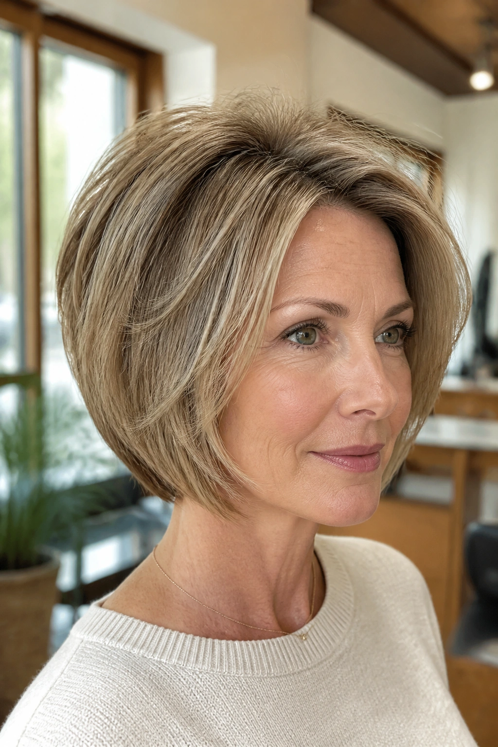 Close-up of a real woman with a root-lift bob showing crown height and feathered sides.