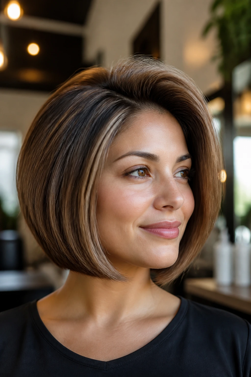 Close-up portrait of a real woman with a root-lift blowout bob in a stylish salon