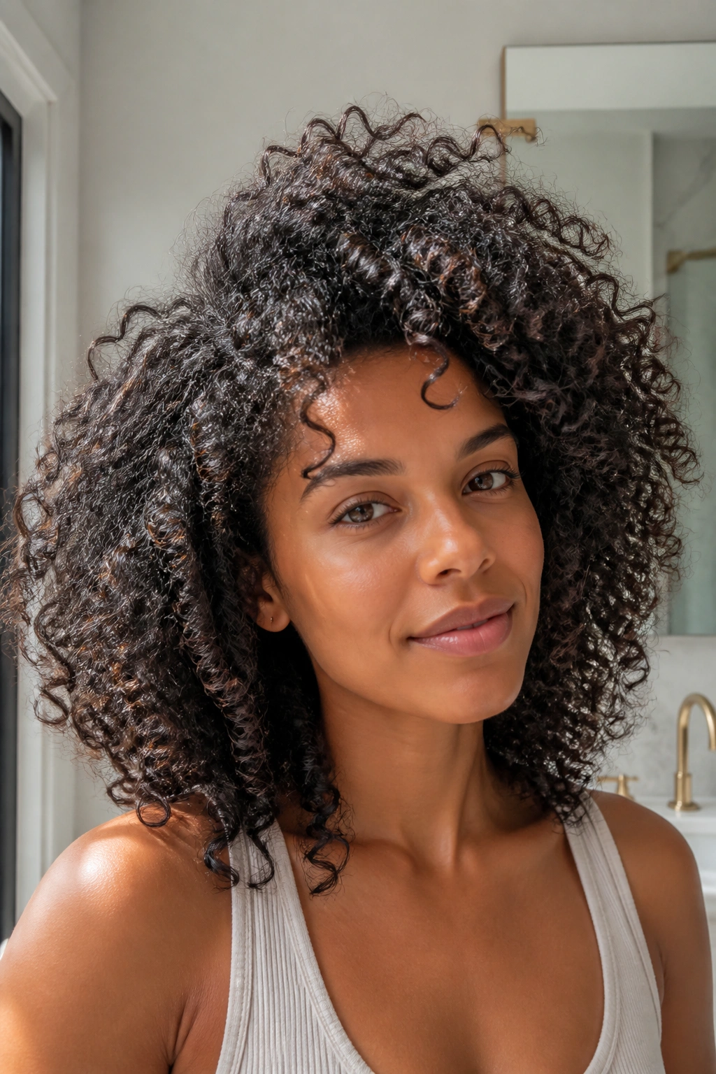 Close-up of a real woman with root-lifted curls for a wash-and-go look