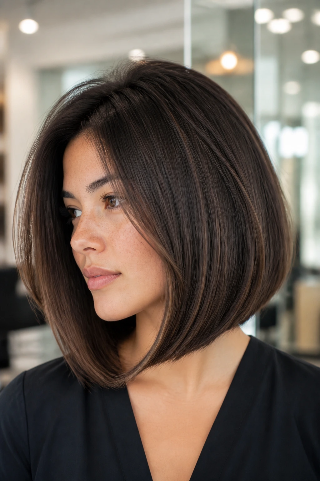Real woman with root lifted inverted bob and rounded ends in bright salon lighting
