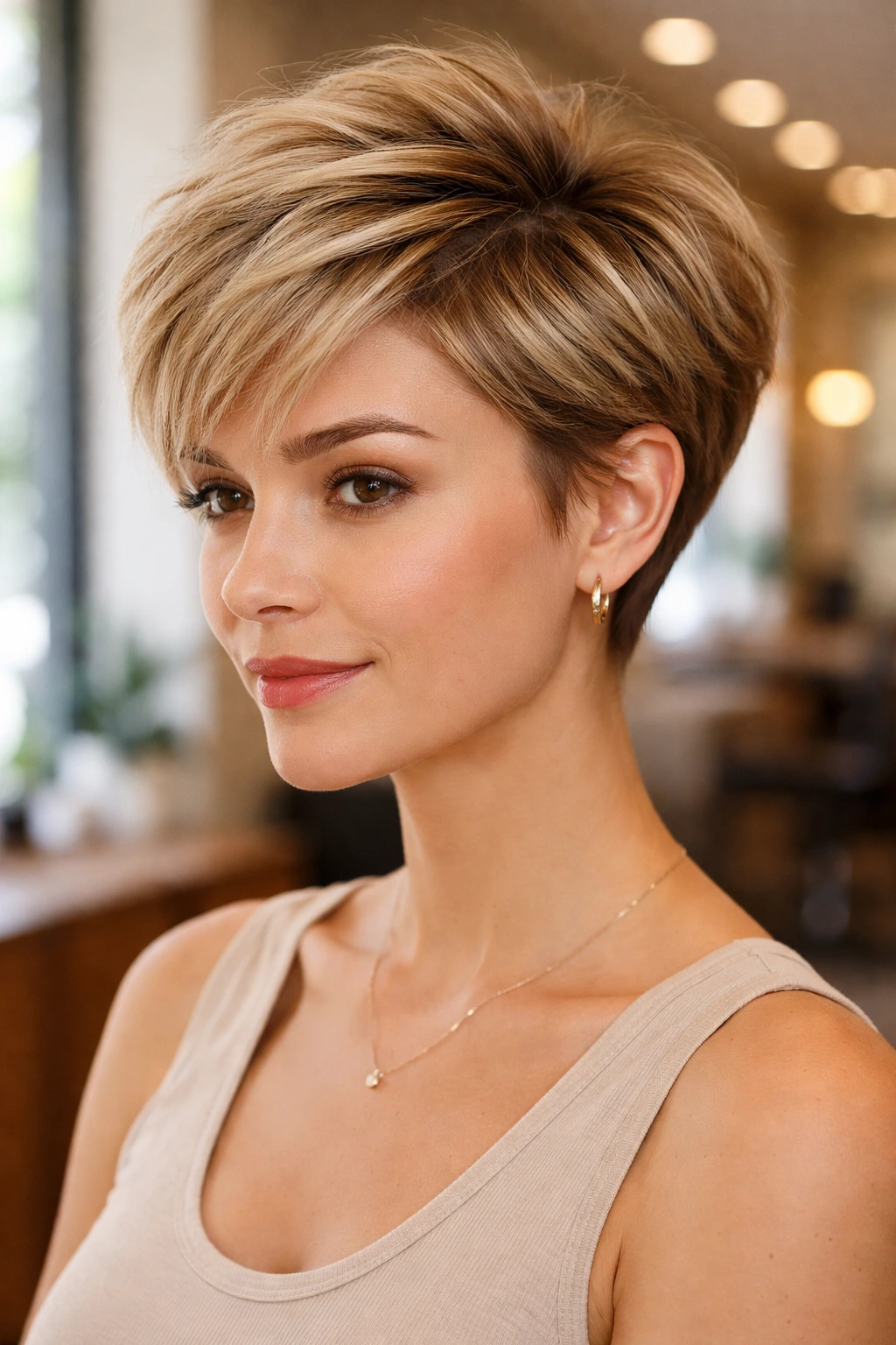 Portrait of real person with root-lift pixie in modern salon