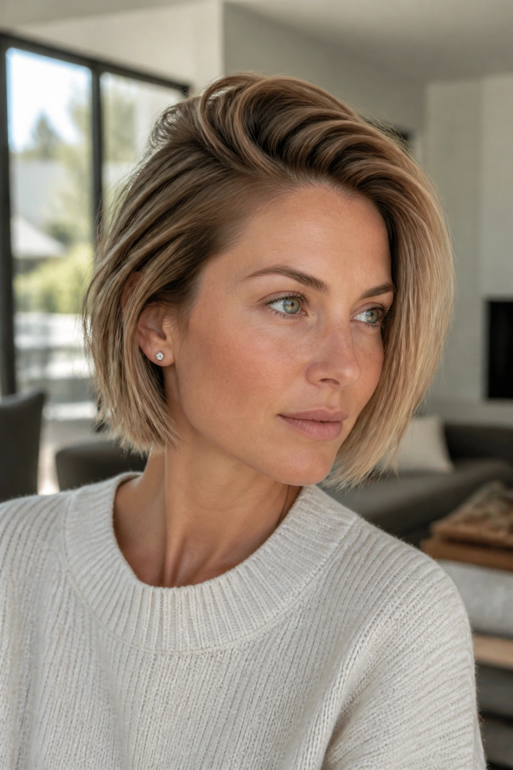 Portrait of real woman with deep side part and root lift.