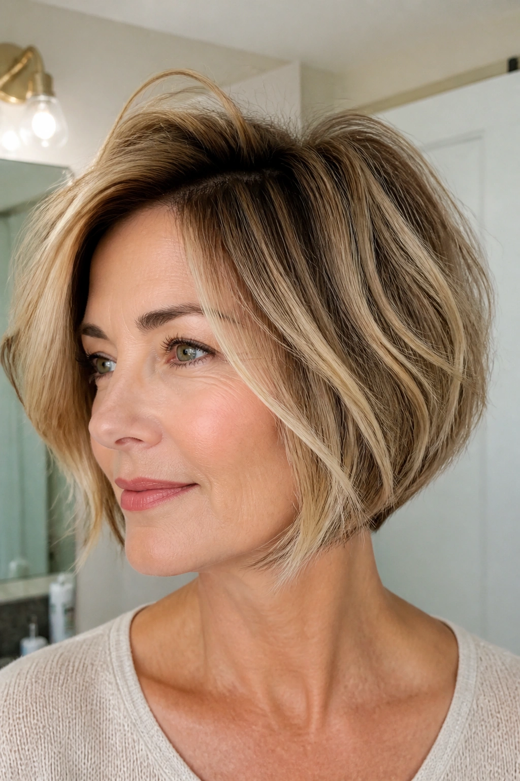 Close-up portrait of a real woman with a root-lifted bob on flat hair.