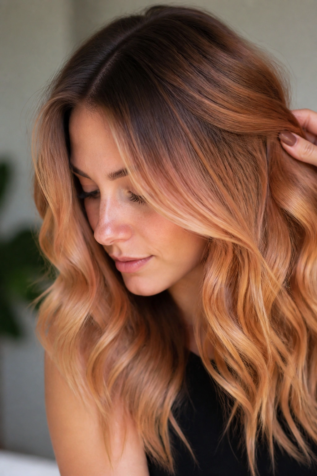 Close-up of root melt transition from dark roots to strawberry blonde