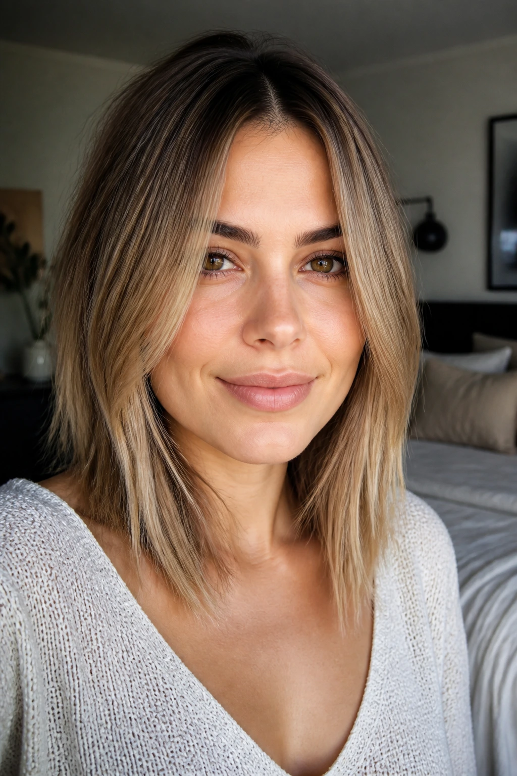 Close-up of a real woman with root-melt beige blonde hair for round faces
