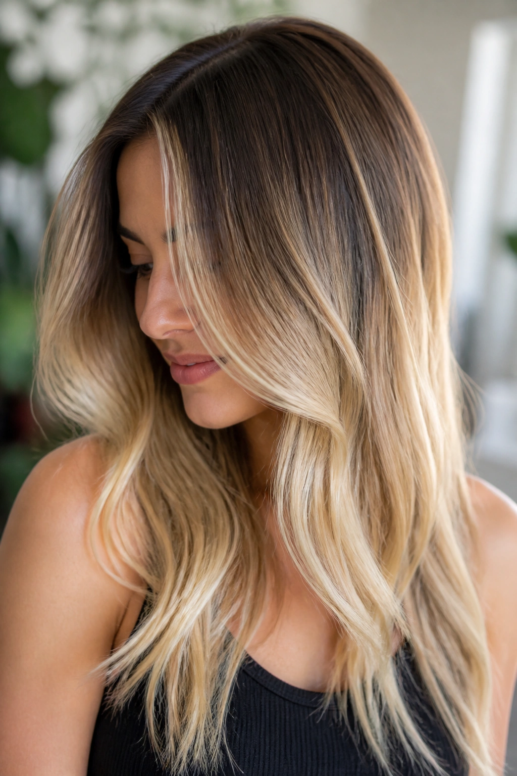 Close-up of real person with soft root-melt blonde balayage