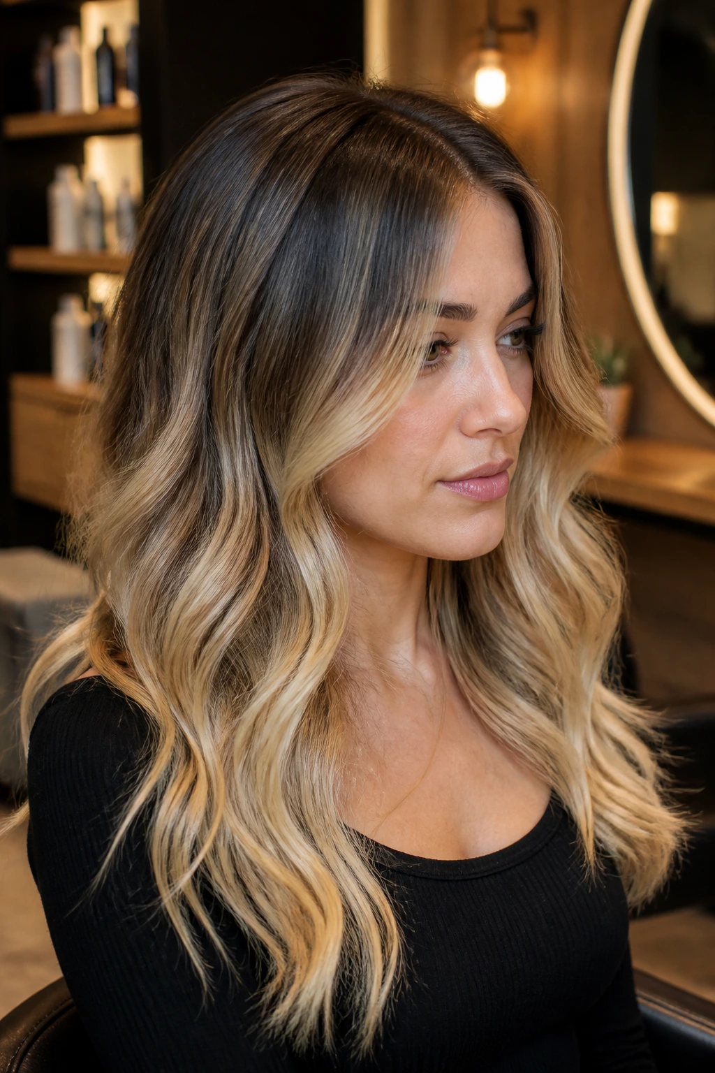 Close-up of dark roots melting into blonde ends on a real woman
