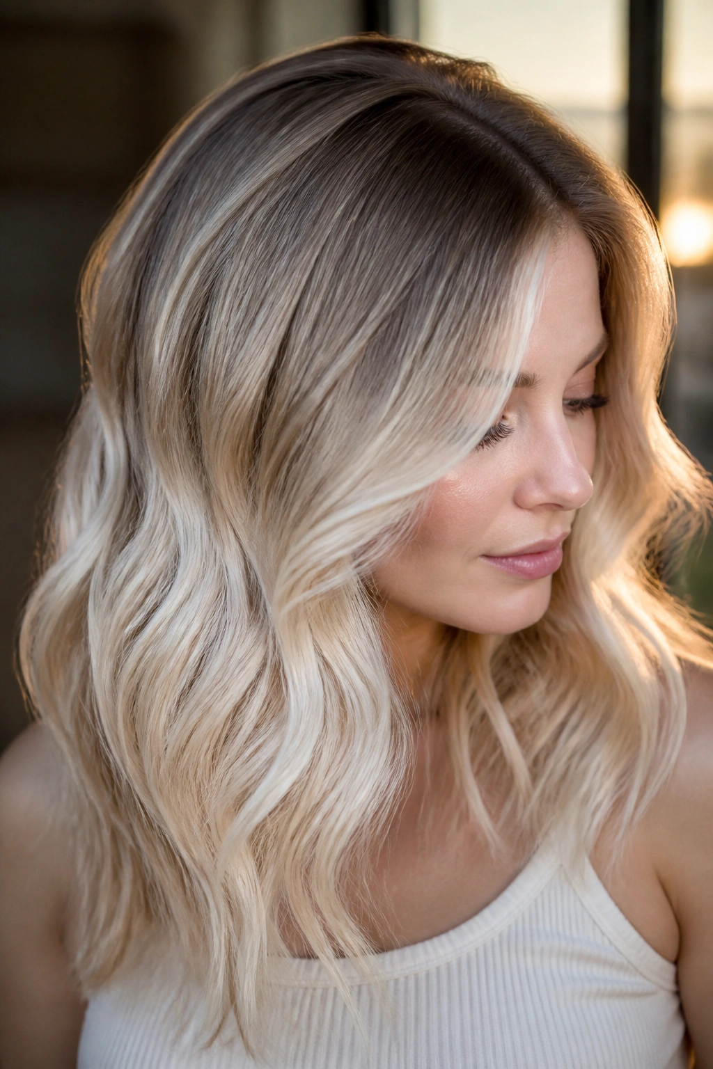 Close-up of a real woman with root-melt champagne from deep root to cool ends