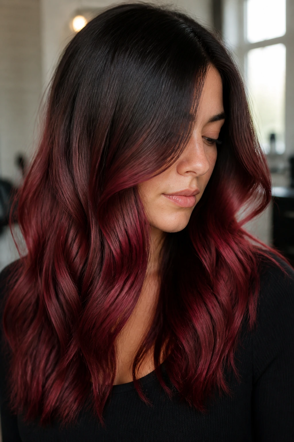 Close-up of a real person with root-melt cherry highlights blending from dark roots to red mid-lengths