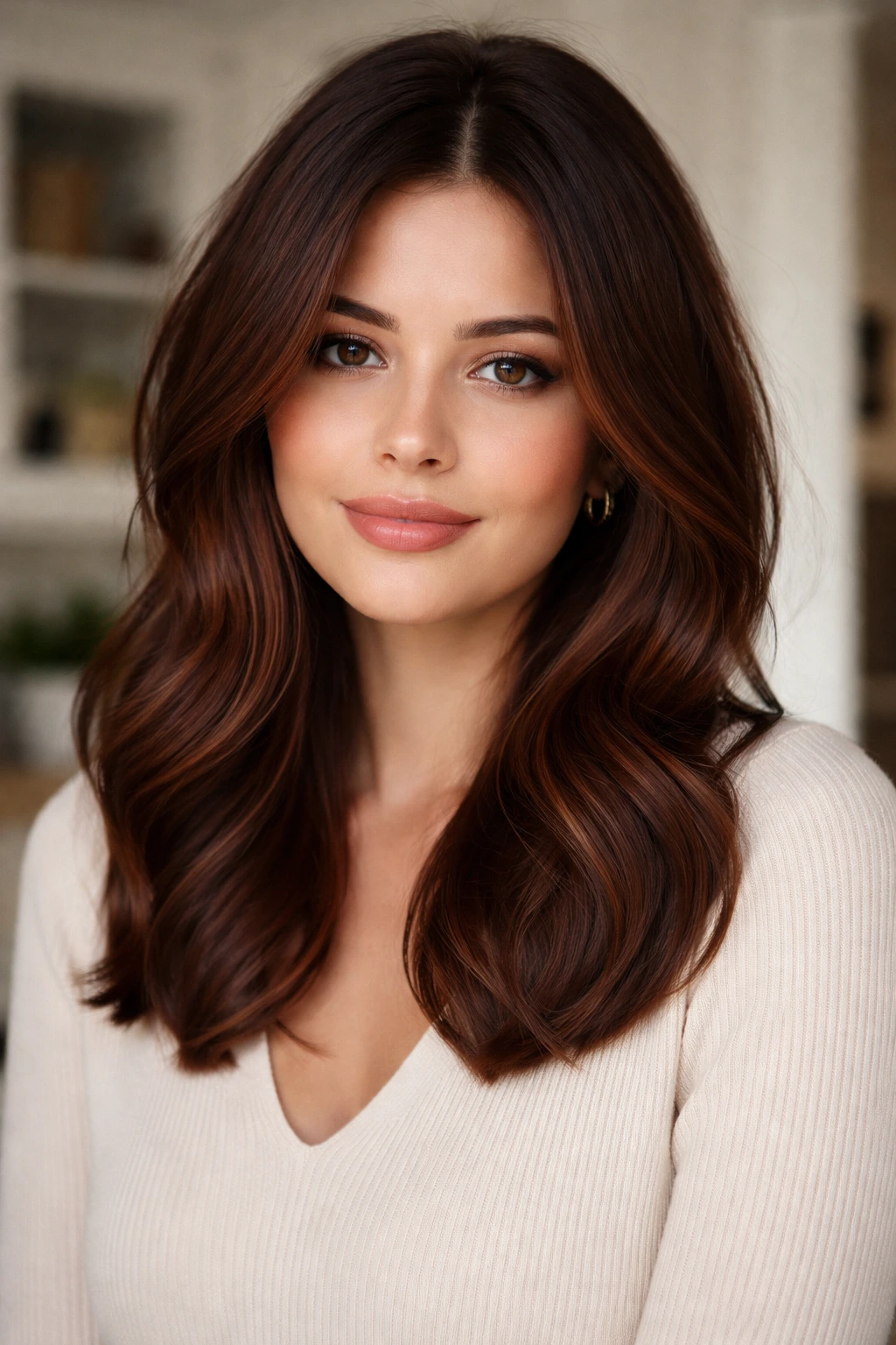Close-up of a woman with chestnut auburn root melt coloring