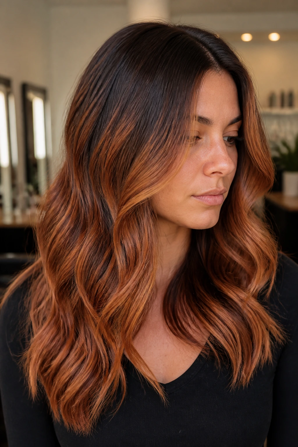 Close-up of a real person with a root melt from dark at the roots to copper through the lengths
