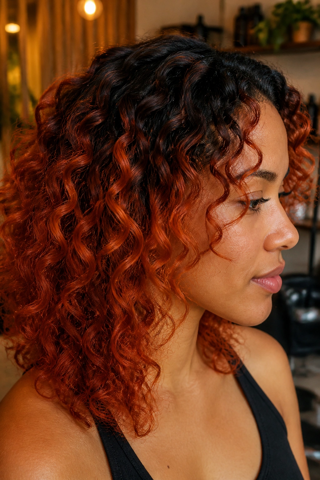 Side-profile close-up of a real person showing burnt orange root melt on curls