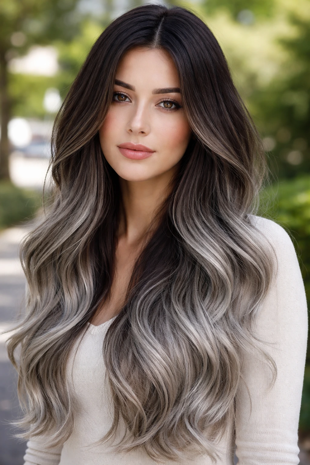 Close-up portrait of a real woman with a root melt from espresso to stormy gray