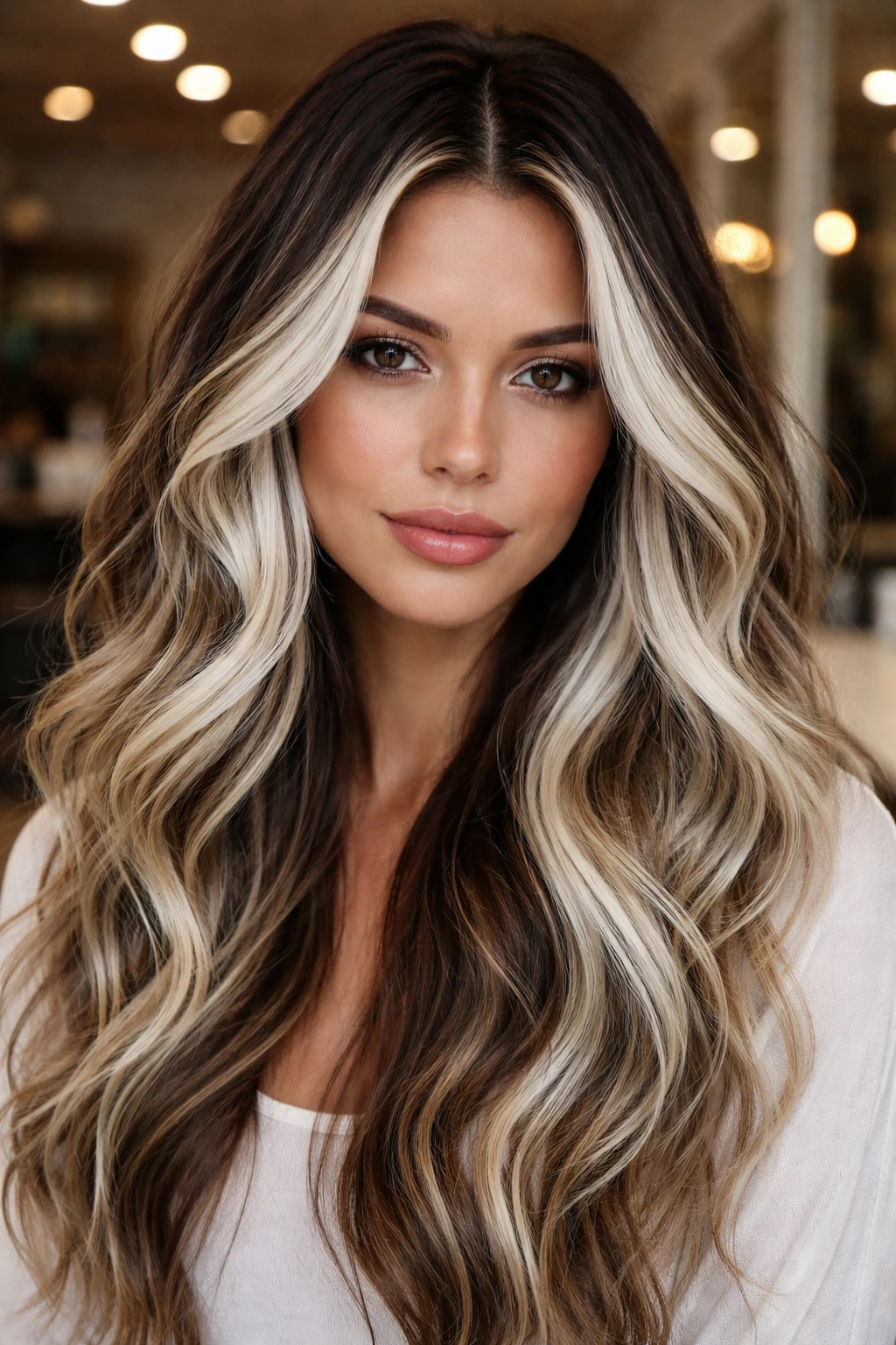 Portrait of a woman with dark roots blending into white highlights.
