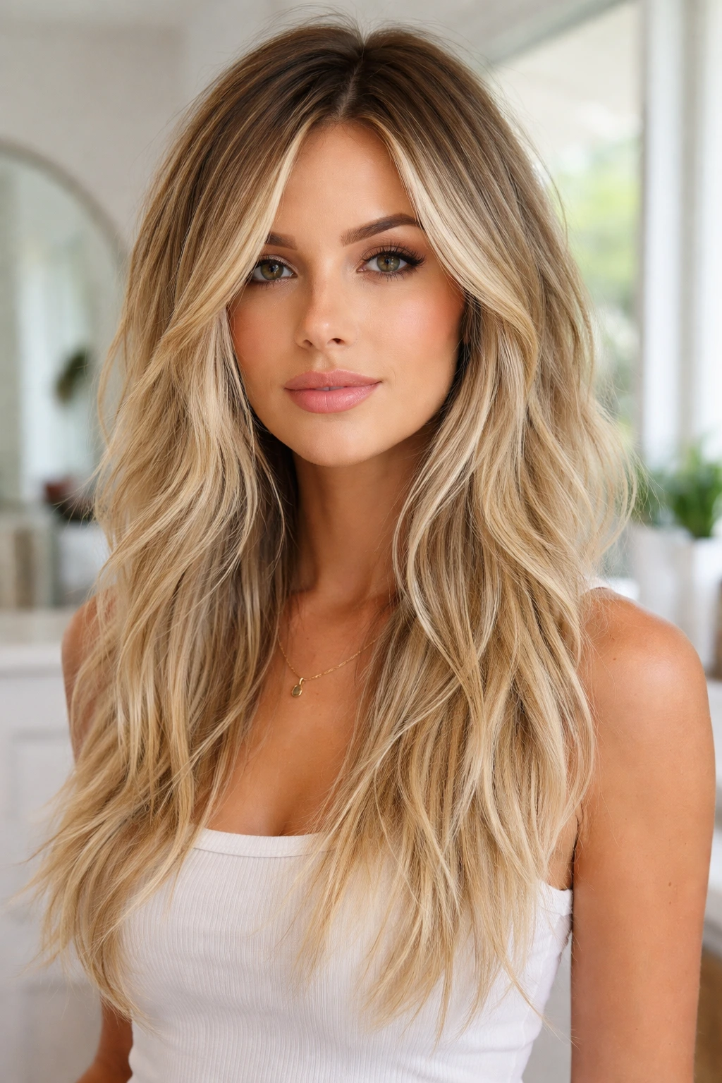 Close-up of a woman with long choppy layers and root melt