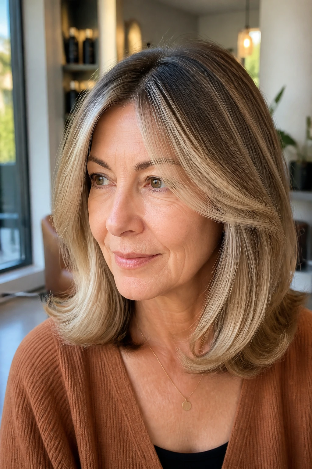 Close-up of a real woman showing root melt for graceful grow-out