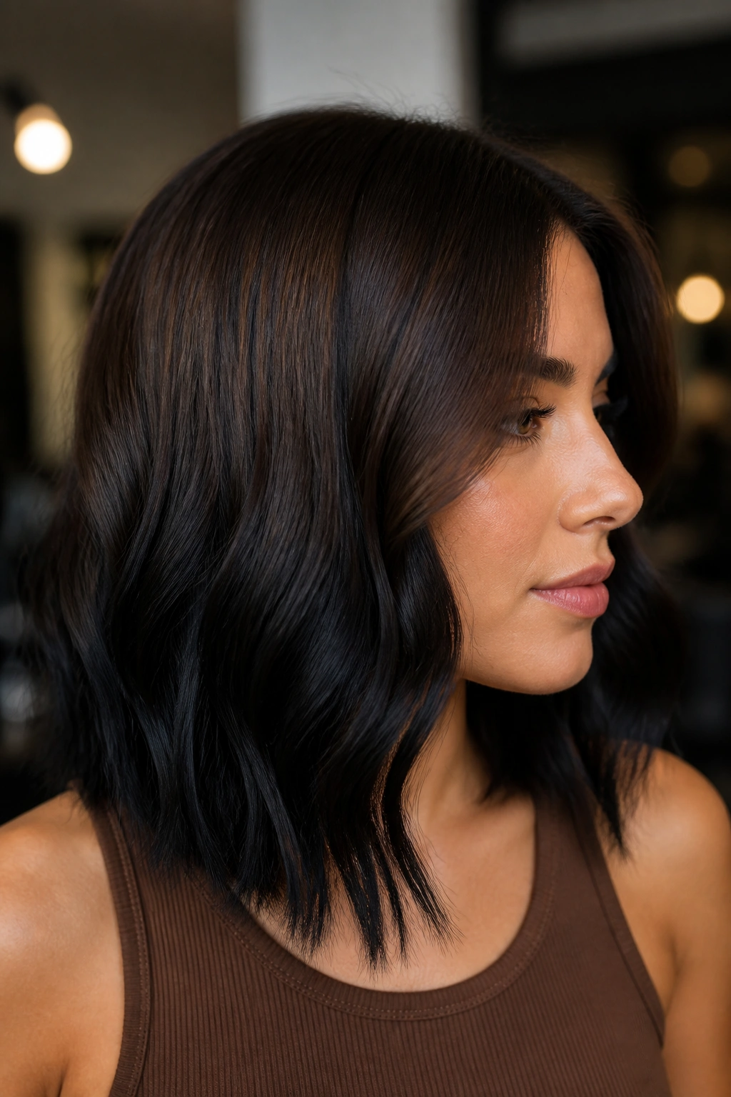 Profile portrait showing root shadow fading into black balayage ends