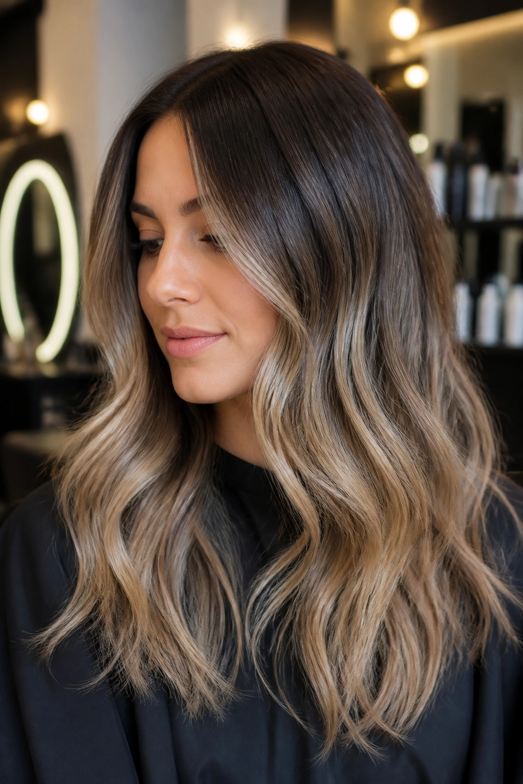Close-up of a real woman with root shadow bronde and airy ends.