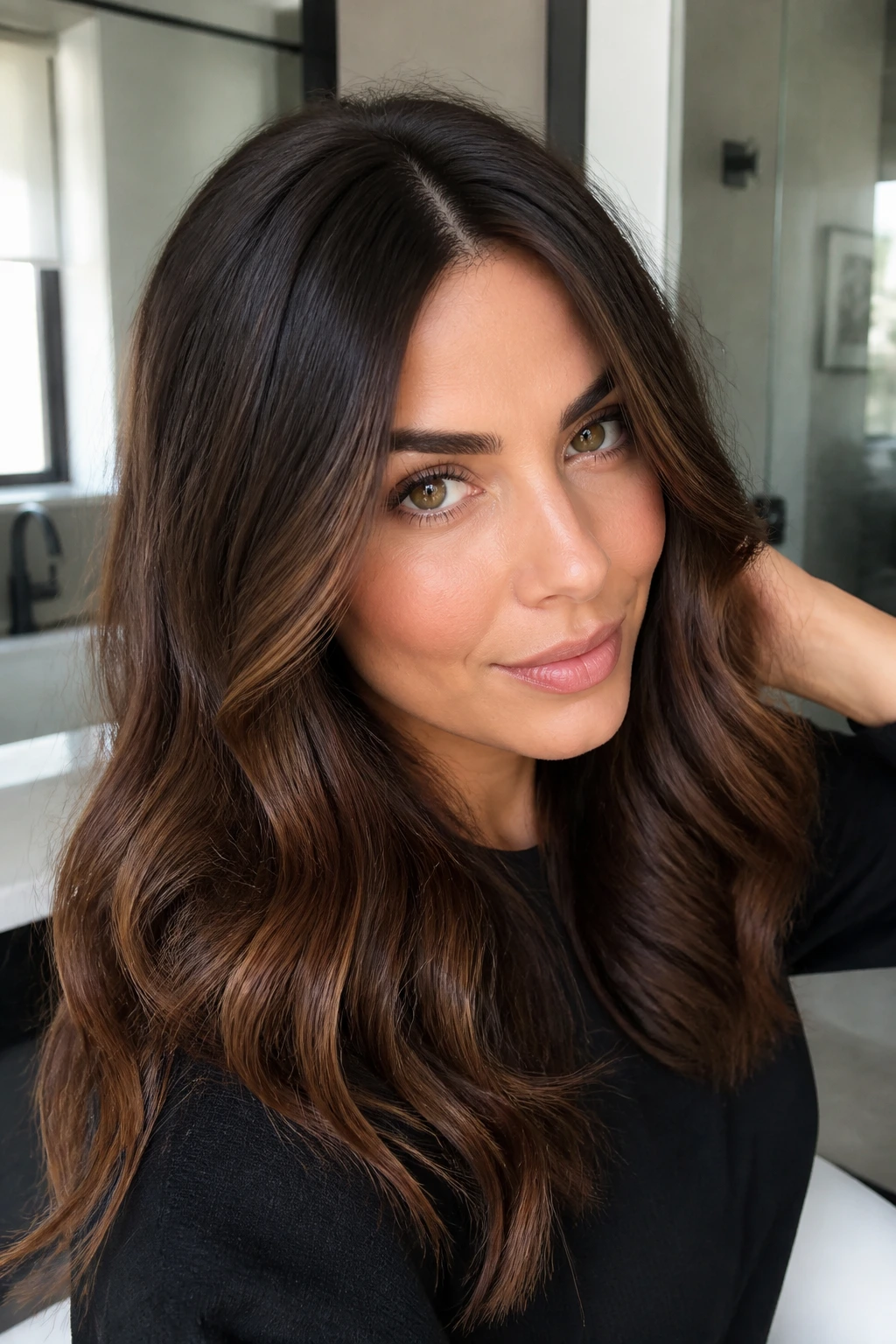Brunette with root shadow blend blending into mid-lengths