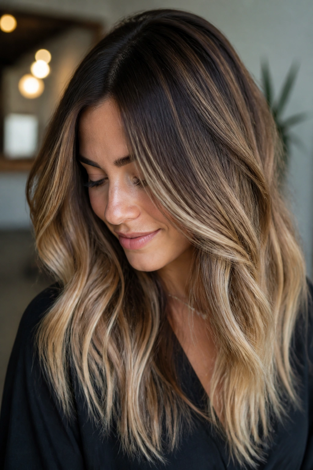 Close-up of brown hair with a soft root shadow and buttery caramel lengths on a real person's hair