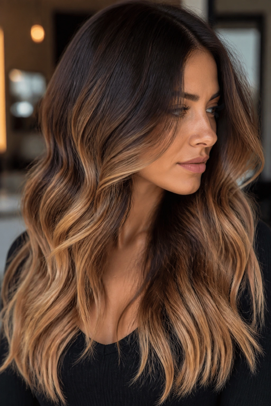 Portrait of a woman with root-shadow caramel ombre