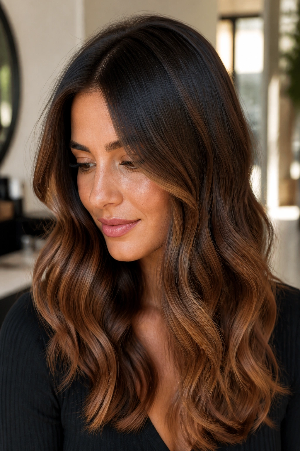Close-up of a real woman with root shadow and sun-kissed chestnut ends.