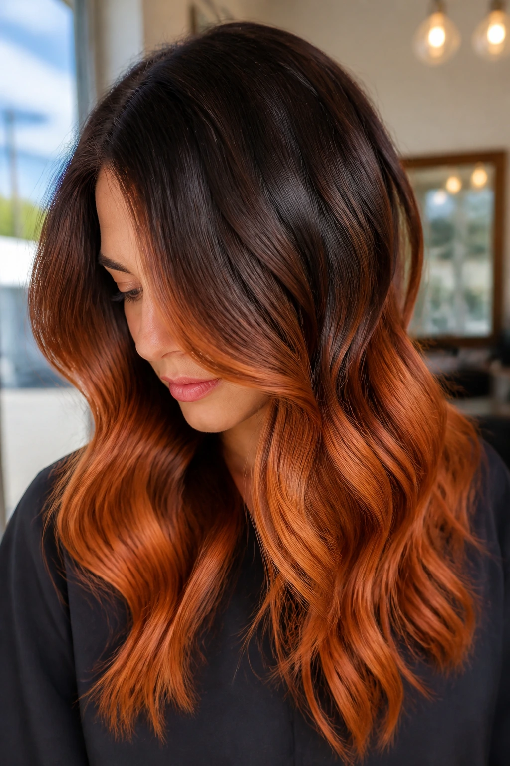 Close-up brunette with deep root shadow and bright copper ends