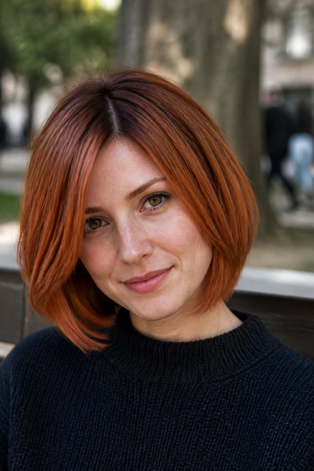 Close-up real woman with root-shadow copper bob and darker roots