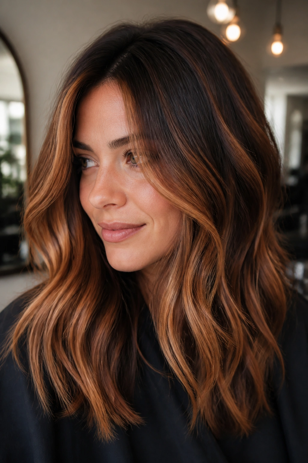 Close-up portrait showing root shadow and strawberry ribbon highlights on brown hair
