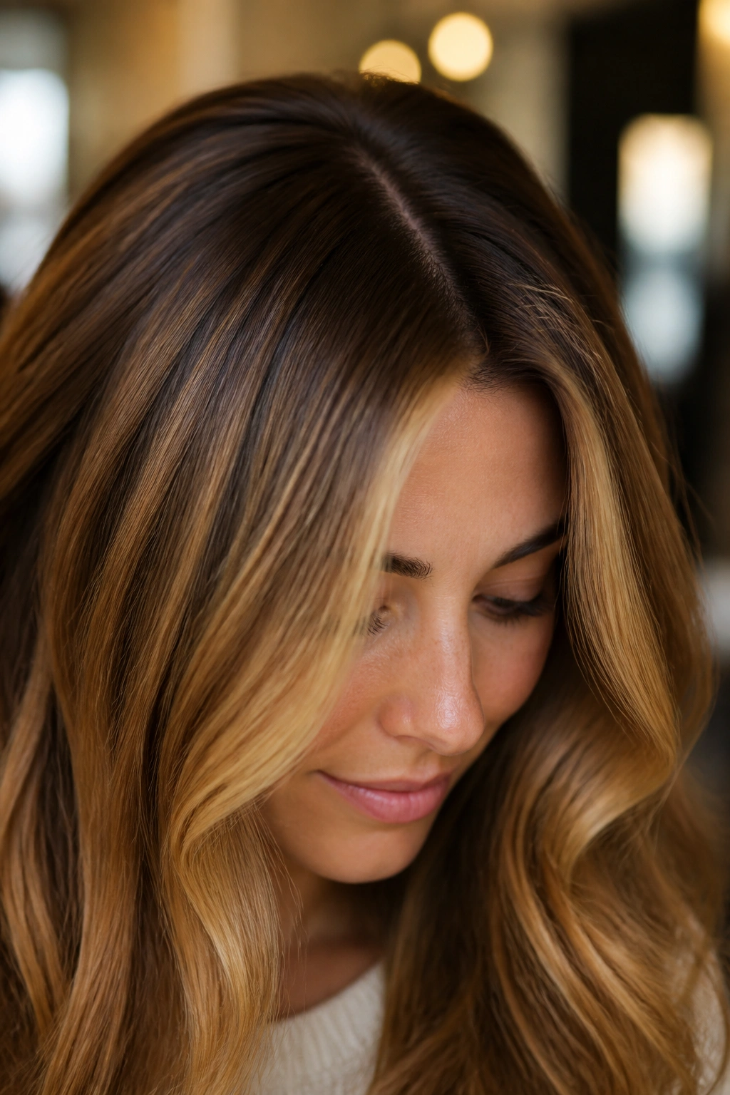 Real woman with a subtle root shadow blending natural roots with honey highlights.