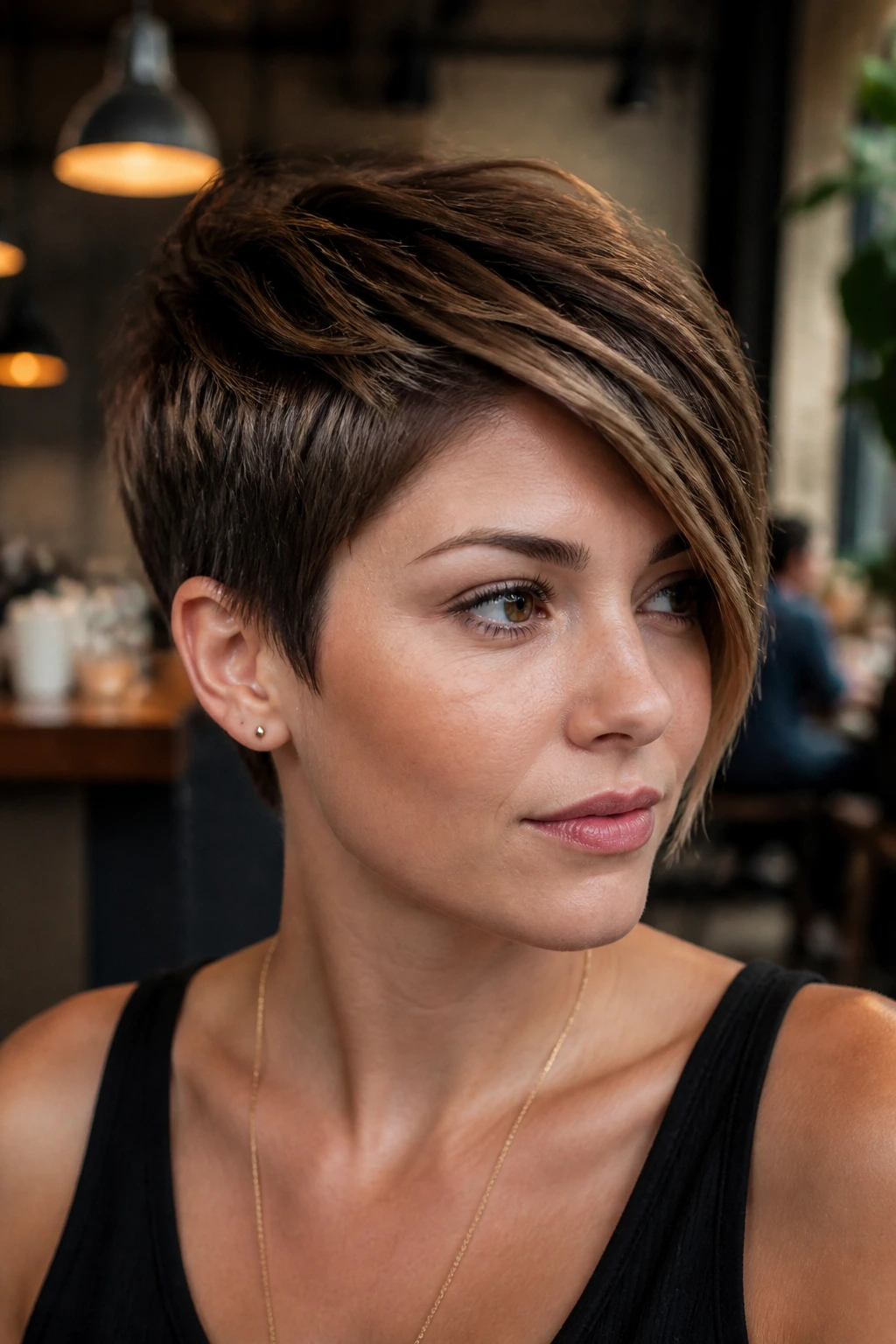 Close-up portrait of a real woman with root-shadow brown pixie and longer front